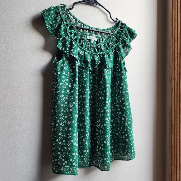 Max Studio Green Floral Sleeveless Ruffle Blouse Size Small - Picture 3 of 13